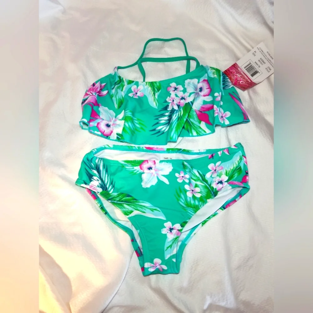 NWT GIRLS CROSS BACK RUFFLE  TROPICAL BIKINI SWIM SET